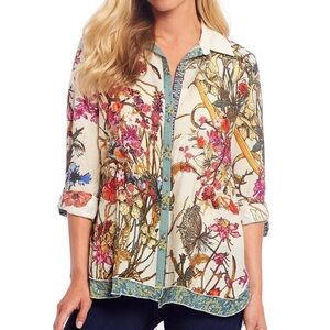 John Mark Cream Blouse with Cuffed Sleeves and Notched Collar